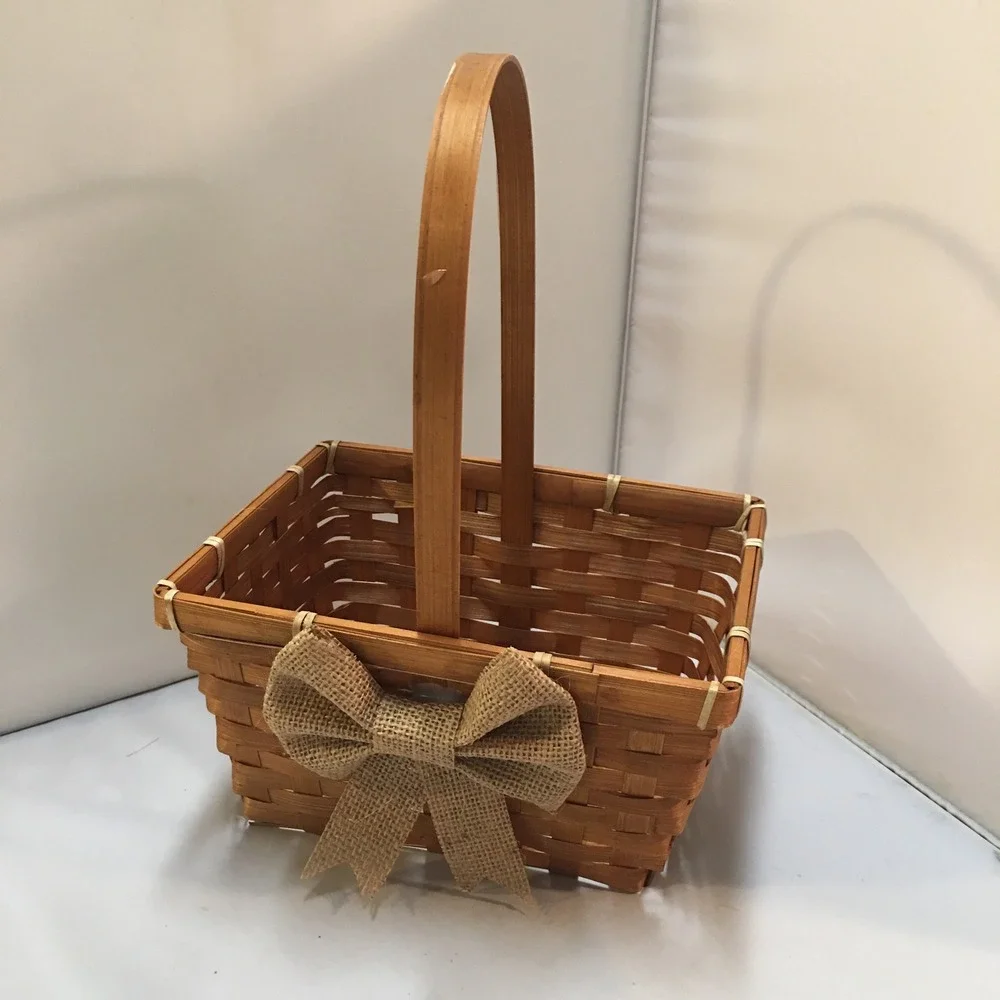 Woven Wood Basket Unisex Small Brown‎ Burlap Bow Rustic Decor Farmhouse